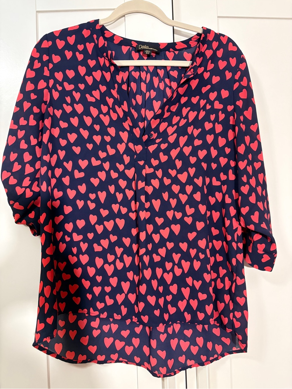 dELiA*s Navy & Ted Heart Print Blouse button V neck button roll sleeve